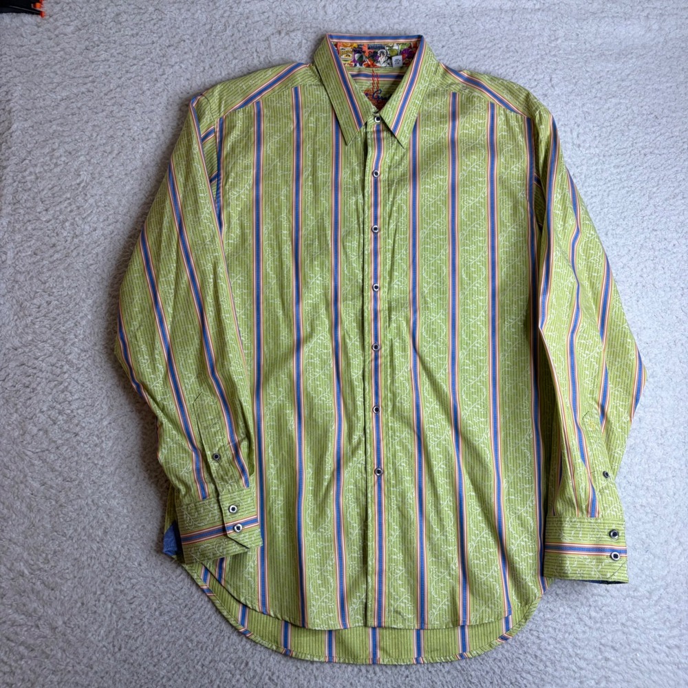 Robert Graham Mens Large Green Striped Floral Button Down Shirt flip cuff